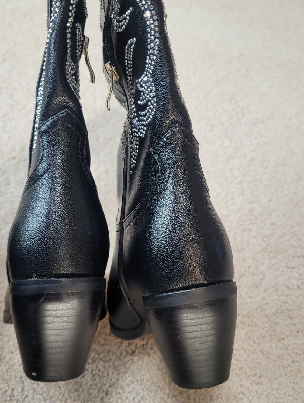 Black Studded Western Cowboy Boots Faux Leather Side Zip Boots Size 7 - Picture 8 of 11